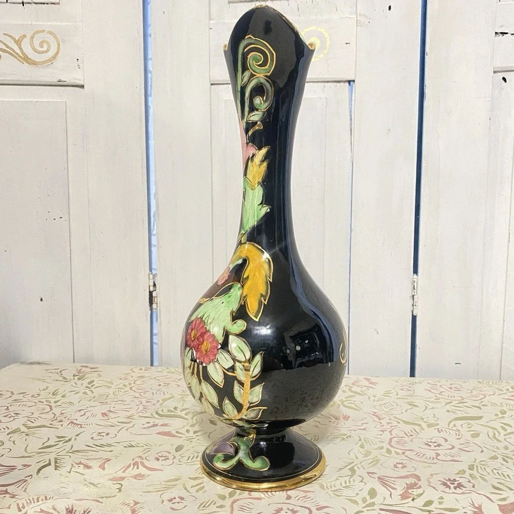 Elegant Hubert Bequet Hand Painted Black Gold Pitcher/Ewer/Vase Belgium Mid Cent